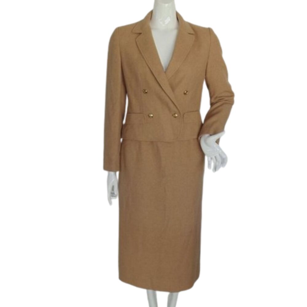 NORDSTROM Wool Skirt Suit, M, Camel/Tan, Midi, Double Breast, Vintage, 2 piece
